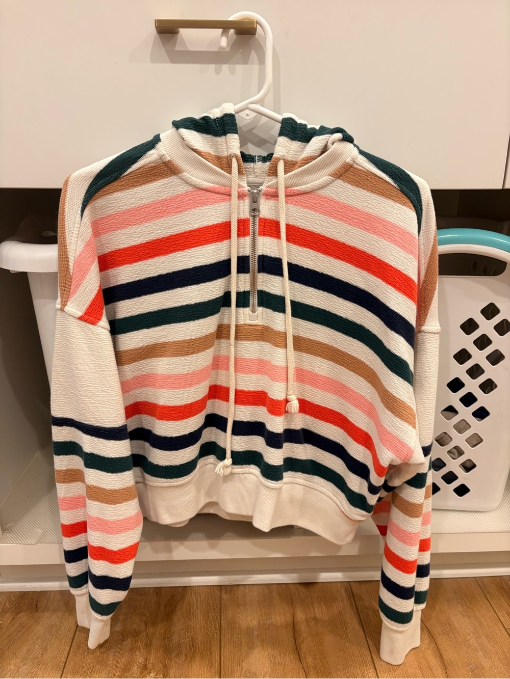 aerie Striped Hooded Half-Zip Sweatshirt in Cream, Navy, Green, Coral & Tan